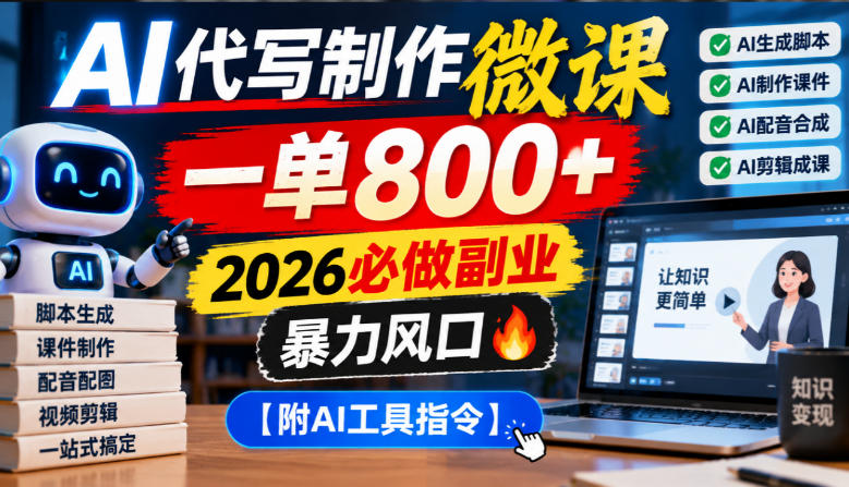 AI代写制作微课,一单800+,2026必做副业,暴力风口【附AI工具指令】【揭秘】-极客网创