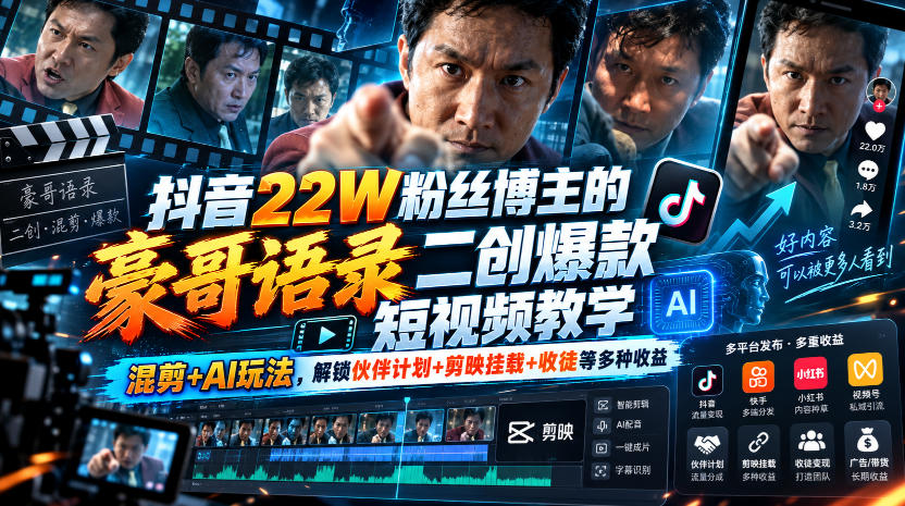 抖音22W粉丝博主的豪哥语录二创爆款短视频教学,混剪+AI玩法,解锁伙伴计划+剪映挂载+收徒等多种收益-极客网创