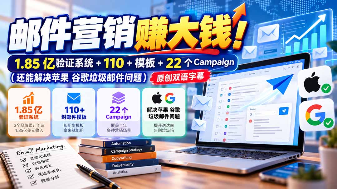 邮件营销赚大钱!1.85亿验证系统+110+模板+22个Campaign(还能解决苹果 谷歌垃圾邮件问题-极客网创