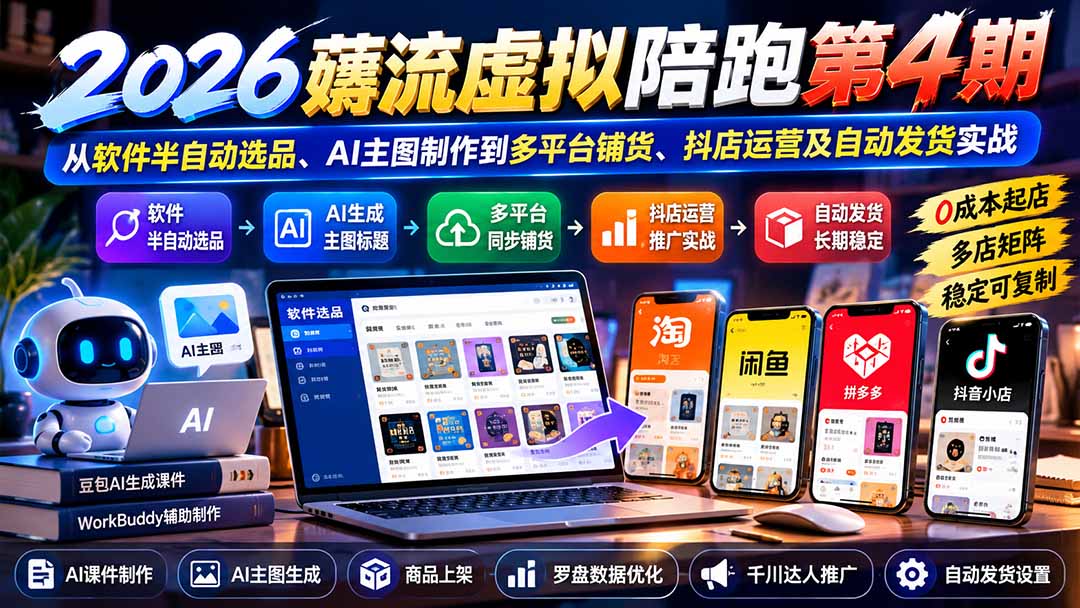 2026薅流虚拟陪跑第4期:从软件半自动选品、AI主图制作到多平台铺货、抖店运营及自动发货实战-极客网创