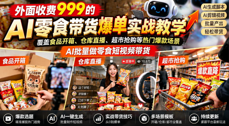 外面收费999的AI零食带货爆单实战教学,覆盖食品开箱、仓库直播、超市抢购等热门爆款场景,AI批量做零食短视频带货-极客网创