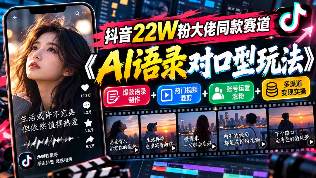抖音22W粉大佬同款赛道《AI语录对口型玩法》：爆款语录制作+热门视频混剪+账号运营涨粉+多渠道变现实操-极客网创