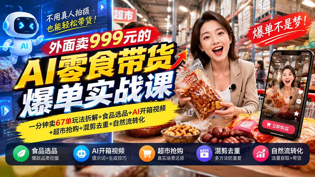 外面卖999元的AI零食带货爆单实战课｜一分钟卖67单玩法拆解+食品选品+AI开箱视频+超市抢购+混剪去重+自然流转化-极客网创
