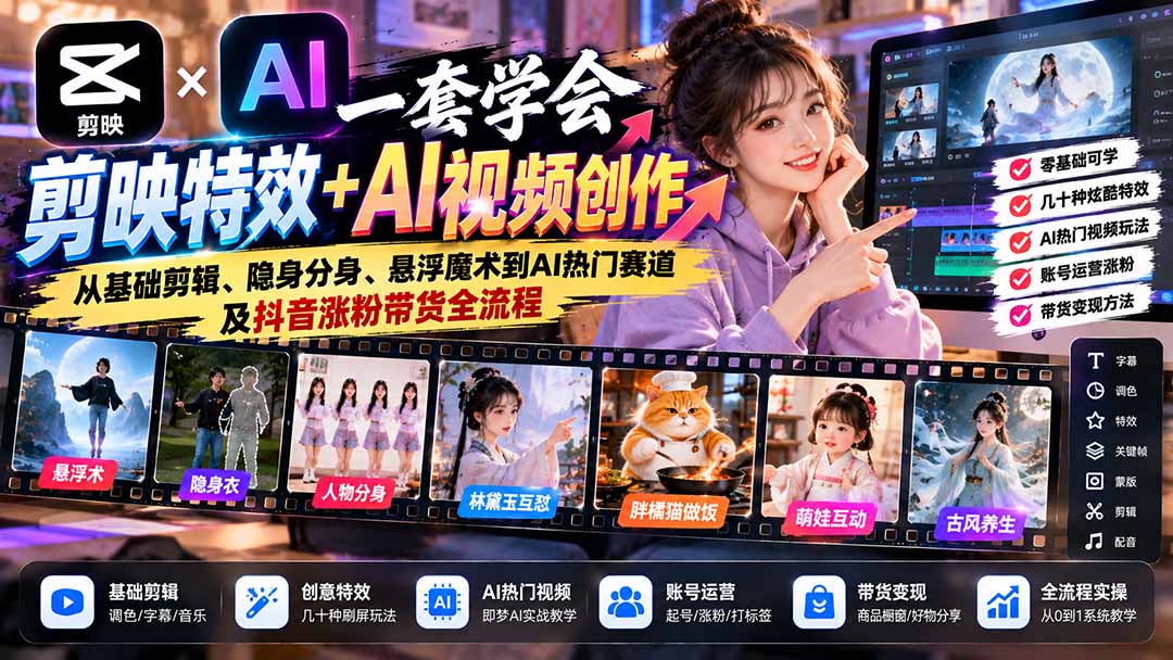 一套学会剪映特效+AI视频创作:从基础剪辑、隐身分身、悬浮魔术到AI热门赛道及抖音涨粉带货全流程-极客网创