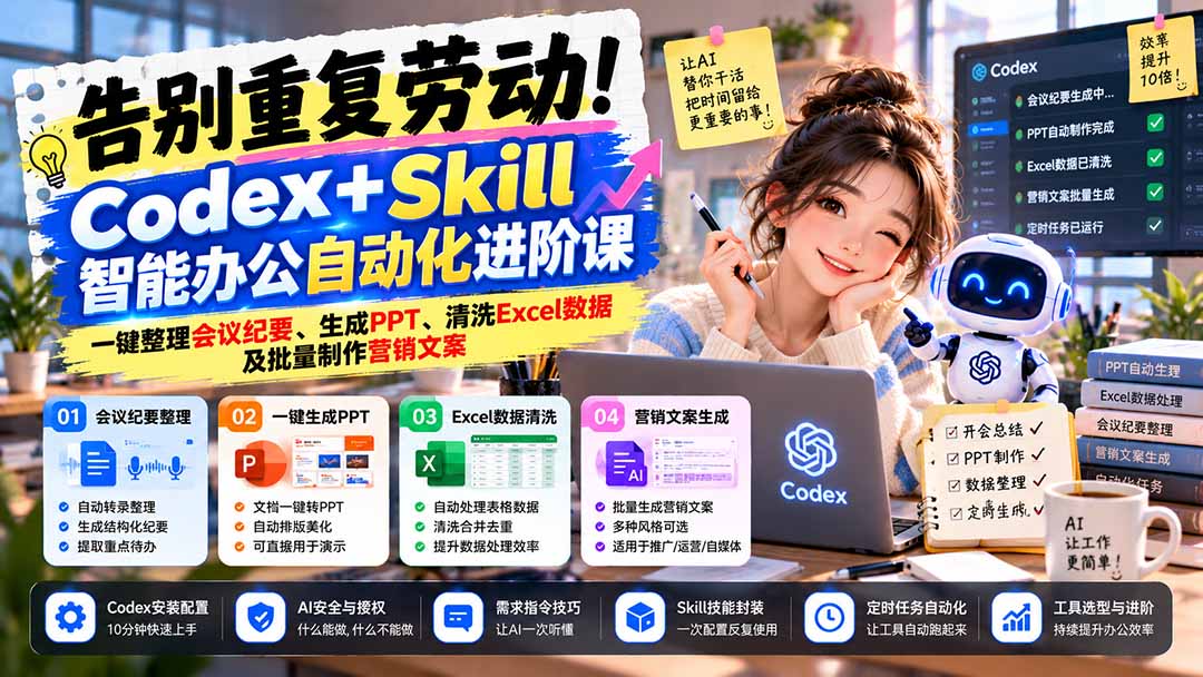 告别重复劳动!Codex+Skill智能办公自动化进阶课:一键整理会议纪要、生成PPT、清洗Excel数据及批量制作营销文案-极客网创