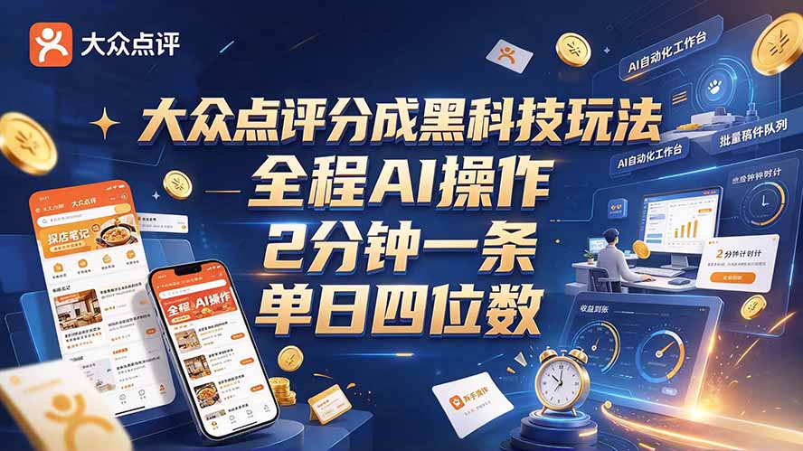 大众点评分成全网独家玩法，AI 全自动出内容，2 分钟一条，小白可冲单日四位数-极客网创