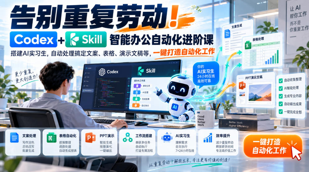 告别重复劳动！Codex+Skill智能办公自动化进阶课｜搭建AI实习生，自动处理搞定文案、表格、演示文稿等，一键打造自动化工作-极客网创