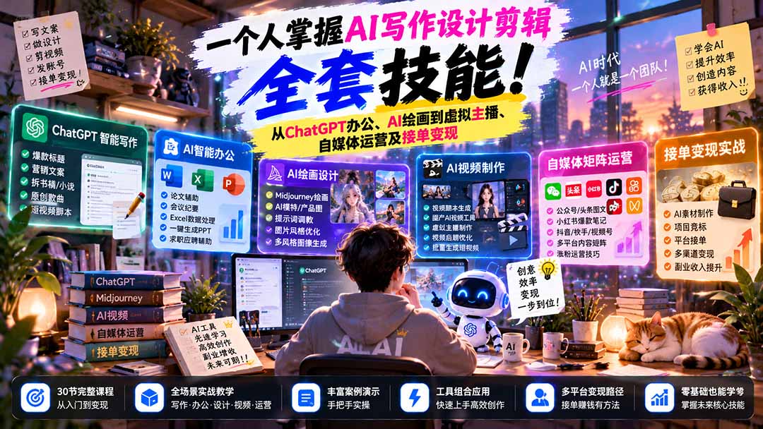 一个人掌握AI写作设计剪辑全套技能：从ChatGPT办公、AI绘画到虚拟主播、自媒体运营及接单变现-极客网创