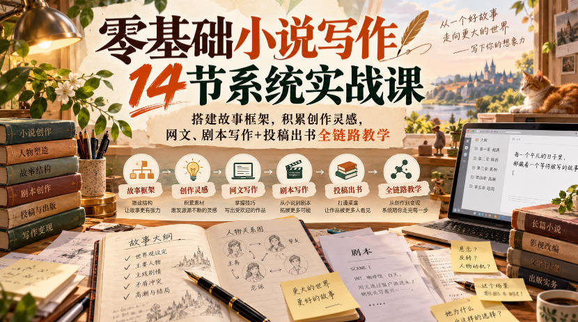 零基础小说写作14节系统实战课，搭建故事框架，积累创作灵感，网文、剧本写作+投稿出书全链路教学-极客网创