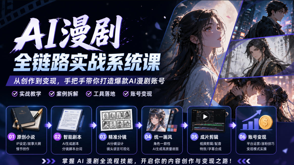 AI漫剧全链路实战系统课｜原创小说、智能剧本、精准分镜、统一画风、成片剪辑、账号变现实操教学(更新1018)-极客网创