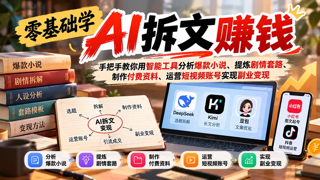 零基础学AI拆文赚钱：手把手教你用智能工具分析爆款小说、提炼剧情套路、制作付费资料、运营短视频账号实现副业变现-极客网创