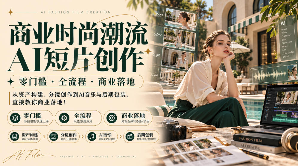 商业时尚潮流AI短片创作|零门槛・全流程・商业落地,从资产构建、分镜创作到AI音乐与后期包装,直接教你商业落地!-极客网创