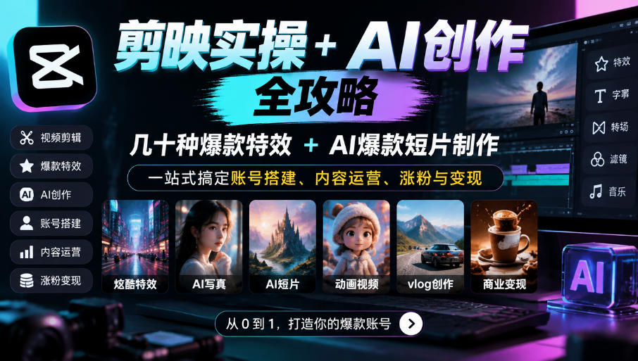 剪映实操+AI创作全攻略｜几十种爆款特效+AI爆款短片制作，一站式搞定账号搭建、内容运营、涨粉与变现-极客网创