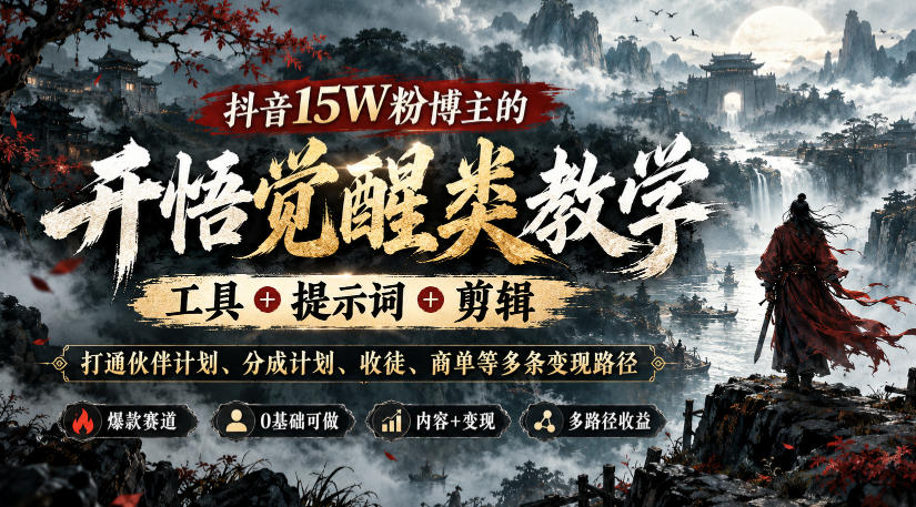 抖音15W粉博主的开悟觉醒类教学，工具+提示词+剪辑，打通伙伴计划、分成计划、收徒、商单等多条变现路径-极客网创