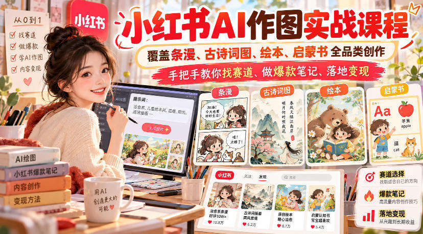 小红书AI作图实战课程，覆盖条漫、古诗词图、绘本、启蒙书全品类创作，手把手教你找赛道、做爆款笔记、落地变现(更新1017)-极客网创