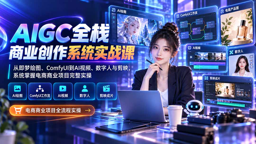 AIGC全栈商业创作系统实战课-更新1017：从即梦绘图、ComfyUI到AI视频、数字人与剪映，系统掌握电商商业项目完整实操-极客网创