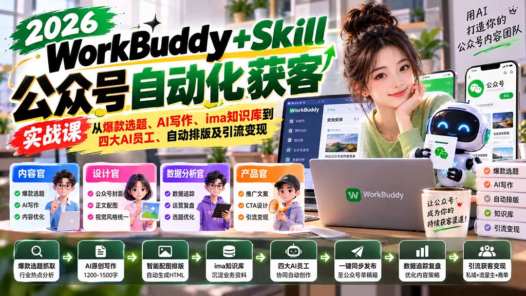 WorkBuddy + Skill公众号自动化获客实战课：从爆款选题、AI写作、ima知识库到四大AI员工、自动排版及引流变现-极客网创