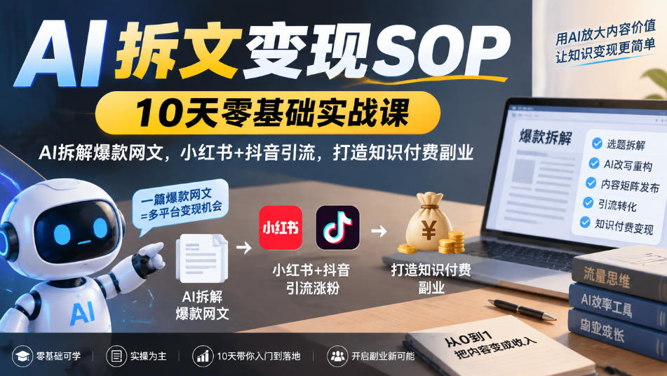 AI拆文变现SOP｜10天零基础实战课，AI拆解爆款网文，小红书+抖音引流，打造知识付费副业-极客网创