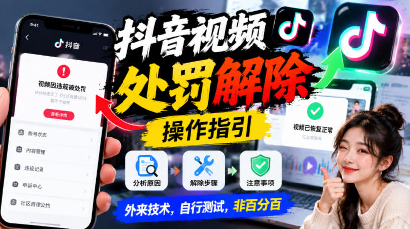 抖音视频处罚解除操作指引，外来技术，自行测试，非百分百-极客网创