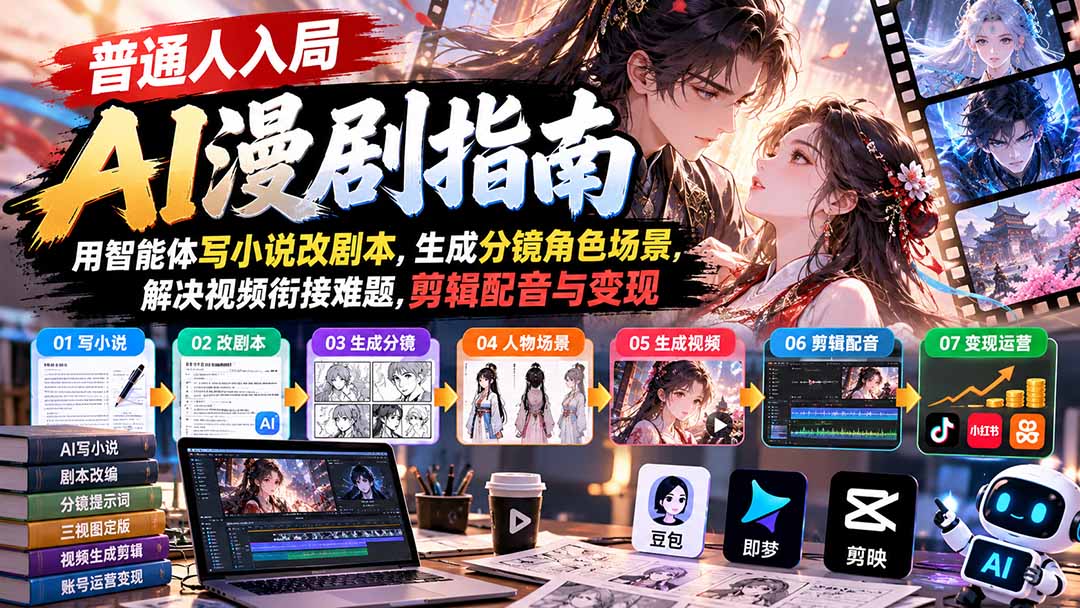 【无水印】普通人入局AI漫剧指南：用智能体写小说改剧本，生成分镜角色场景，解决视频衔接难题，剪辑配音与变现-极客网创