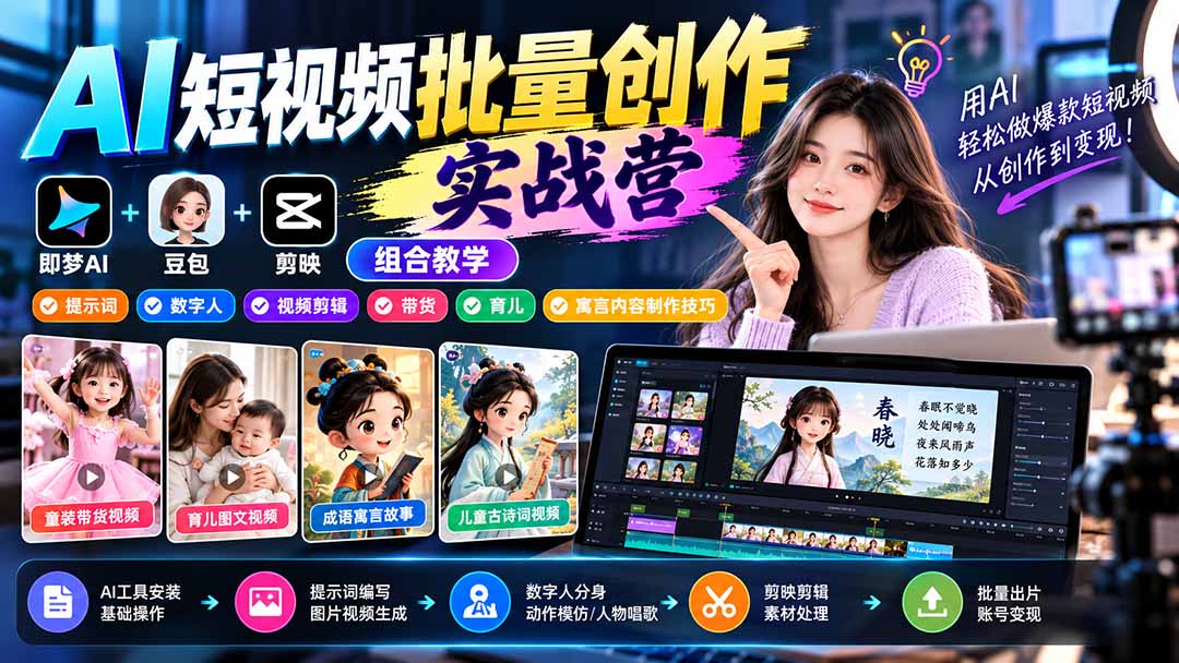 【无水印】AI短视频批量创作实战营：即梦+豆包+剪映组合教学，提示词/数字人/视频剪辑/带货/育儿/寓言内容制作技巧-极客网创