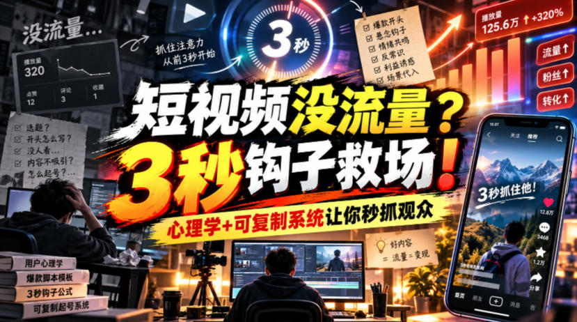 【无水印】短视频没流量？3秒钩子救场！心理学+可复制系统让你秒抓观众【原创双语字幕】-极客网创
