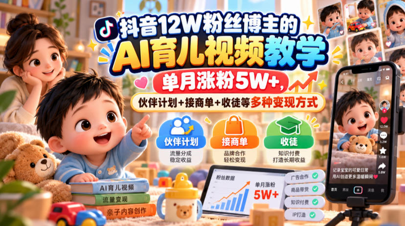抖音12W粉丝博主的AI育儿视频教学，单月涨粉5W+，伙伴计划+接商单+收徒等多种变现方式-极客网创