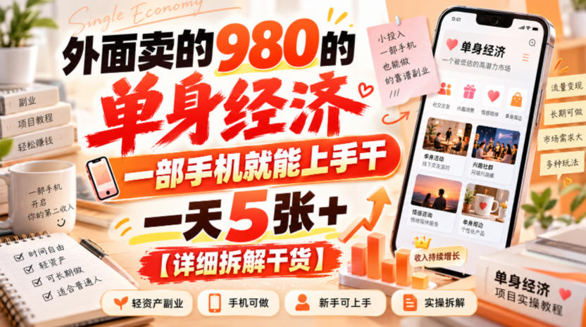 外面卖的980的单身经济,一部手机就能上手干,一天5张+【详细拆解干货】-极客网创