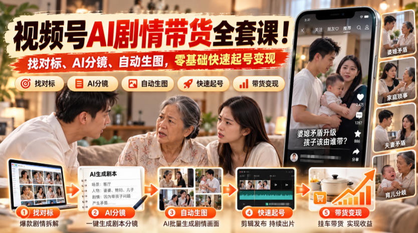 视频号AI剧情带货全套课！找对标、AI分镜、自动生图，零基础快速起号变现-极客网创