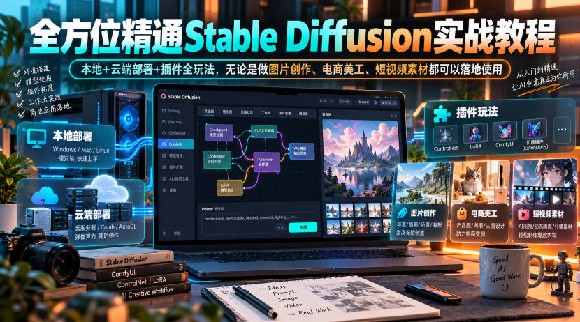 全方位精通Stable Diffusion实战教程｜本地+云端部署+插件全玩法，无论是做图片创作、电商美工、短视频素材都可以落地使用-极客网创