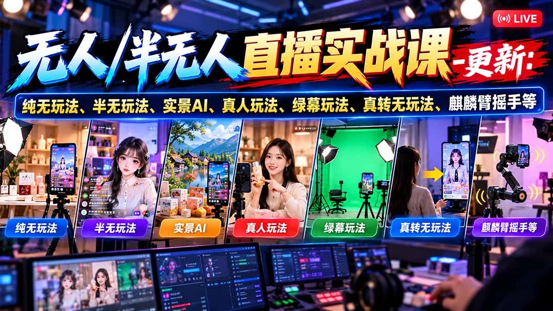 无人/半无人直播实战课-10月20更新：纯无玩法、半无玩法、实景AI、真人玩法、绿幕玩法、真转无玩法、麒麟臂摇手等-极客网创