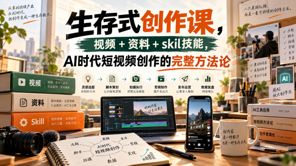 生存式创作课,视频+资料+skil技能,ai时代短视频创作的完整方法论-极客网创