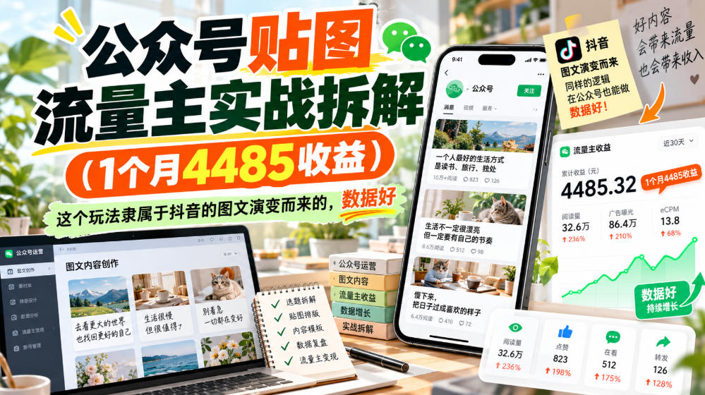 公众号贴图流量主实战拆解(1个月4485收益),这个玩法隶属于抖音的图文演变而来的,数据好-极客网创