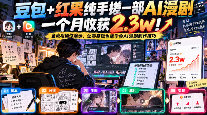 豆包+红果纯手搓一部AI漫剧一个月收获2.3w!全流程操作演示,让零基础也能学会AI漫剧制作技巧-极客网创