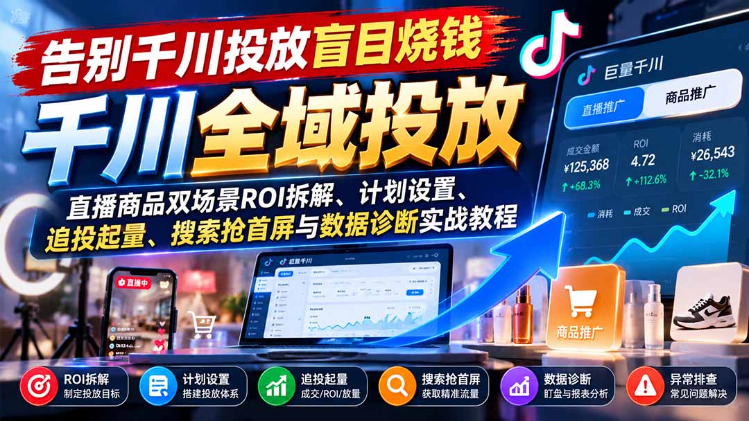 告别千川投放盲目烧钱:直播商品双场景ROI拆解、计划设置、追投起量、搜索抢首屏与数据诊断实战教程-极客网创