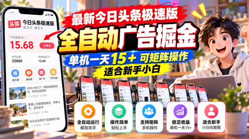 最新今日头条极速版全自动广告掘金，单机一天15+可矩阵操作适合新手小白-极客网创