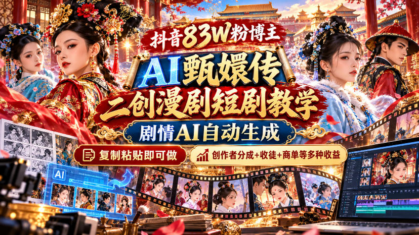 抖音83W粉博主AI甄嬛传二创漫剧短剧教学｜剧情AI自动生成，复制粘贴即可做，各大平台创作者分成+收徒等多种收益-极客网创