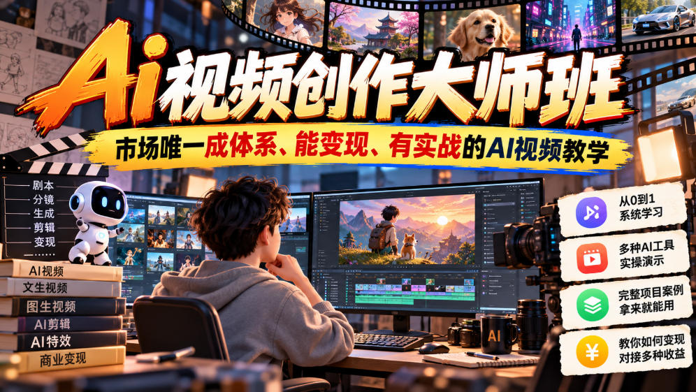 Ai视频创作大师班，市场唯一成体系、能变现、有实战的AI视频教学(更新2026)-极客网创