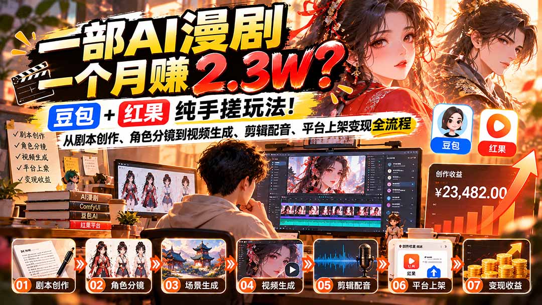 一部AI漫剧一个月赚2.3W？豆包+红果纯手搓玩法！从剧本创作、角色分镜到视频生成、剪辑配音、平台上架变现全流程-极客网创