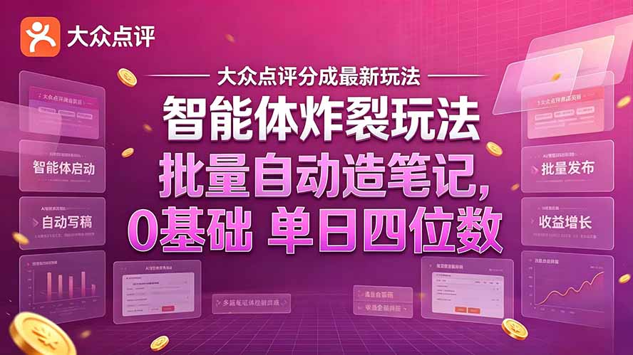 大众点评分成最新智能体炸裂玩法！批量自动造笔记，0基础干到单日四位数-极客网创