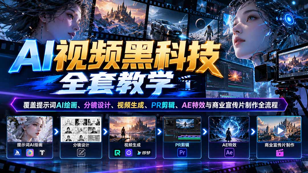 AI视频黑科技全套教学:覆盖提示词AI绘画、分镜设计、视频生成、PR剪辑、AE特效与商业宣传片制作全流程-极客网创