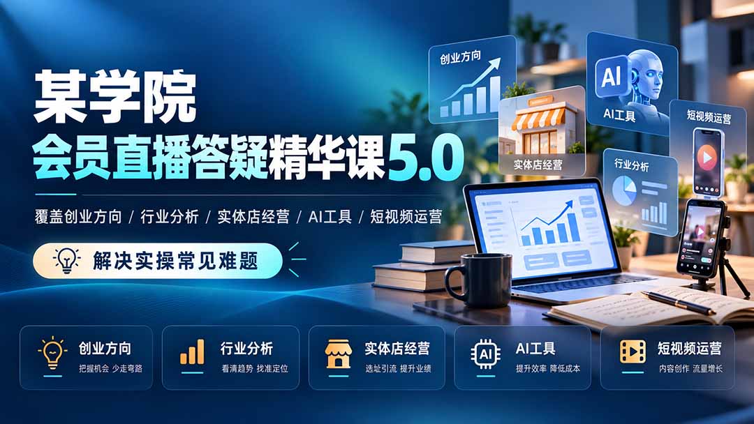 某学院会员直播答疑精华课5.0：覆盖创业方向、行业分析、实体店经营、AI工具和短视频运营，解决实操常见难题！-极客网创