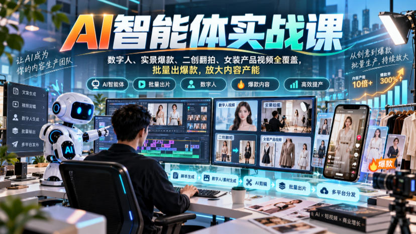 AI智能体实战课，数字人、实景爆款、二创翻拍、女装产品视频全覆盖，批量出爆款，放大内容产能-极客网创