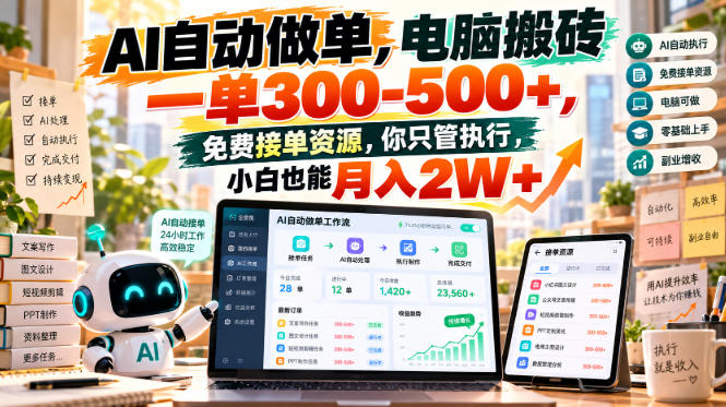 AI自动做单，电脑搬砖一单300-500+，免费接单资源，你只管执行，小白也能月入2W+【揭秘】-极客网创