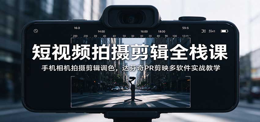 短视频拍摄剪辑全栈课：手机相机拍摄剪辑调色，达芬奇PR剪映多软件实战教学-极客网创
