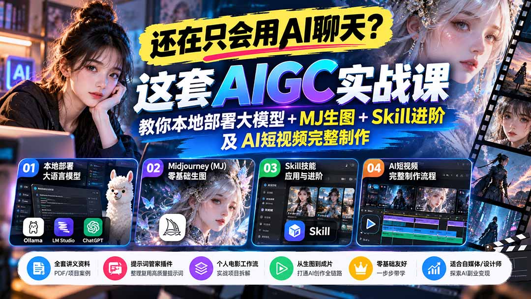 【无水印】还在只会用AI聊天？这套AIGC实战课教你本地部署大模型+MJ生图+Skill进阶及AI短视频完整制作-极客网创