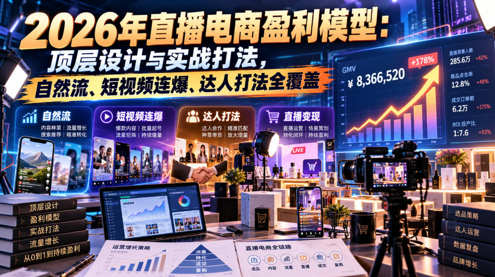 2026年直播电商盈利模型:顶层设计与实战打法,自然流、短视频连爆、达人打法全覆盖-极客网创