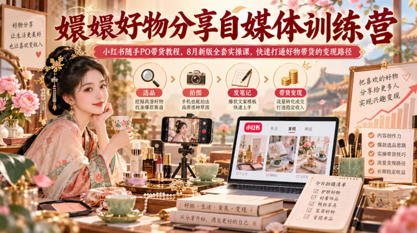 嬛嬛好物分享自媒体训练营|小红书随手PO带货教程,8月新版全套实操课,快速打通好物带货的变现路径-极客网创
