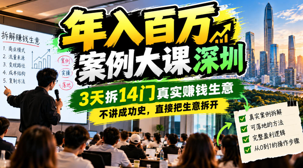 年入百W案例大课深圳,3天拆14门真实賺钱生意,不讲成功史,直接把生意拆开-极客网创