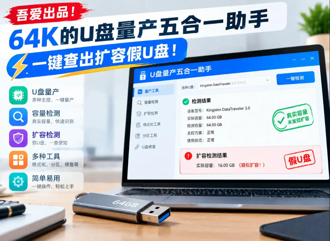 吾爱出品!64K的U盘量产五合一助手,一键查出扩容假U盘!-极客网创